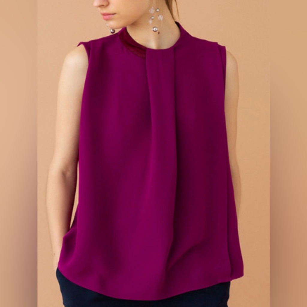 United Tokyo Sleeveless High Neck Blouse Magenta Office Work Wear Quiet Luxury
